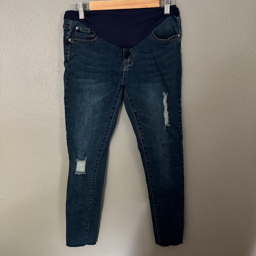 PINKBLUSH Maternity Dark Wash Skinny Jeans with Distressing Size Medium